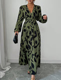 Leaf Print V-Neck Long Sleeve High Waist Dress