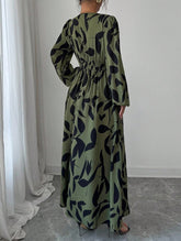 Leaf Print V-Neck Long Sleeve High Waist Dress
