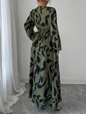 Leaf Print V-Neck Long Sleeve High Waist Dress