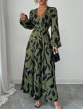 Leaf Print V-Neck Long Sleeve High Waist Dress