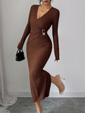 Cross neck knit slim-fit dress