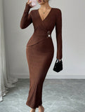 Cross neck knit slim-fit dress