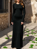 Simple V-neck single-breasted ribbed dress