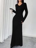 Simple V-neck single-breasted ribbed dress