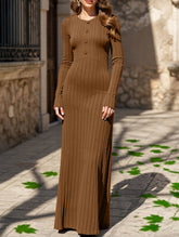 Simple V-neck single-breasted ribbed dress