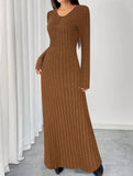 Simple V-neck single-breasted ribbed dress