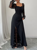 Retro-style hollowed-out long-sleeved dress