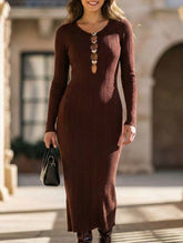 Retro solid color V-neck slim knit dress