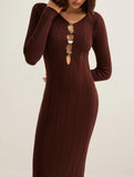 Retro solid color V-neck slim knit dress