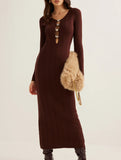 Retro solid color V-neck slim knit dress