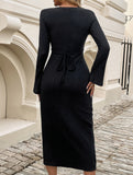 Waist-cinching V-neck long-sleeved bodycon dress