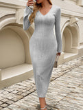 Waist-cinching V-neck long-sleeved bodycon dress