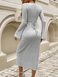 Waist-cinching V-neck long-sleeved bodycon dress