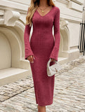 Waist-cinching V-neck long-sleeved bodycon dress