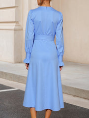 Pleated deep V-neck button-down A-line dress