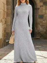 Solid color ribbed brushed long-sleeved dress
