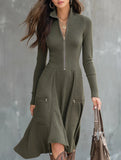 Zippered Pocket Long Sleeve Fitted Waist Dress