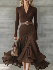 Solid color patchwork collar long-sleeved dress