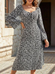 Retro square neckline fitted waist floral dress