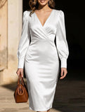 V-neck, fitted waist, bodycon long-sleeved dress