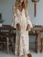 Resort-style lace bell-sleeve long dress