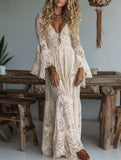 Resort-style lace bell-sleeve long dress