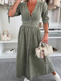Stylish deep V-neck fitted shirt dress