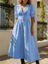 Stylish deep V-neck fitted shirt dress