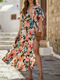 V Neck High Slit Dress with Fashion Print and High Waist Fit