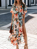 V Neck High Slit Dress with Fashion Print and High Waist Fit