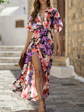 V Neck High Slit Dress with Fashion Print and High Waist Fit