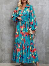 Printed tie-waist lantern sleeve dress for women