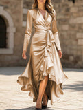 Satin V Neck Ruffle Waist Dress_CWDMD01859