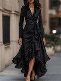 Satin V Neck Ruffle Waist Dress_CWDMD01859