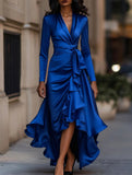 Satin V Neck Ruffle Waist Dress_CWDMD01859