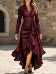 Satin V Neck Ruffle Waist Dress_CWDMD01859