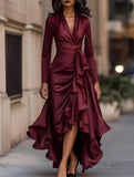 Satin V Neck Ruffle Waist Dress_CWDMD01859