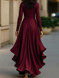 Satin V Neck Ruffle Waist Dress_CWDMD01859