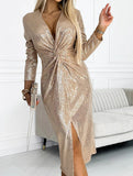 V-neck pleated sequined slit dress_CWDMD01861