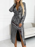 V-neck pleated sequined slit dress_CWDMD01861