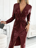 V-neck pleated sequined slit dress_CWDMD01861