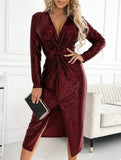 V-neck pleated sequined slit dress_CWDMD01861