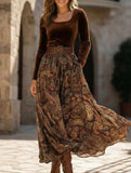 Retro-style printed belt dress with full skirt