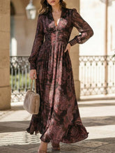 Retro long-sleeved V-neck fitted waist dress_CWDMD01864