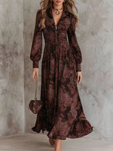 Retro long-sleeved V-neck fitted waist dress_CWDMD01864