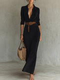 Suede long dress with a fitted waist and belt