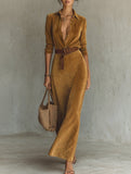 Suede long dress with a fitted waist and belt