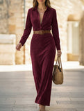 Suede long dress with a fitted waist and belt