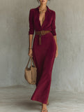 Suede long dress with a fitted waist and belt