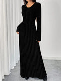 Plus-size ribbed elegant V-neck dress for women